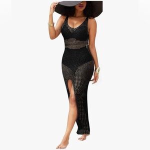Elegant Black Crochet Swim Cover-Up; worn once